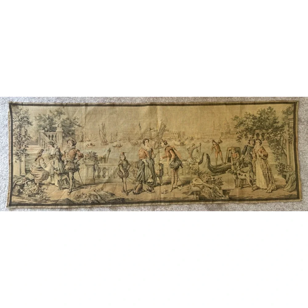 Antique Belgian French Jacquard Woven Tapestry Venetian Harbor Rococo Panel